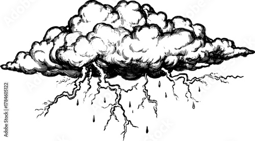 Vintage cloud with lightning and rain vector illustration. Detailed line drawing in black and white, depicting a stormy weather element.