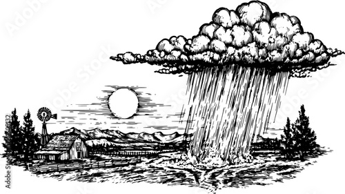 Vintage engraving of a rural landscape featuring a windmill, trees, and mountains under a cloudy sky with rain. Black and white vector illustration.