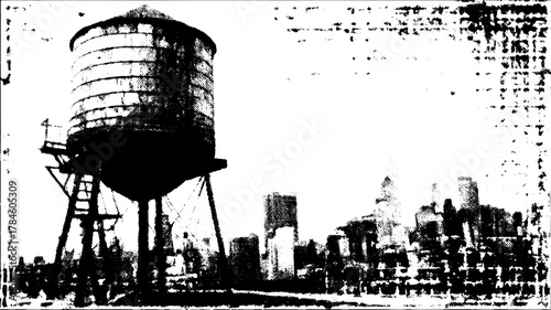 Water tank silhouette in antique style. Detailed hand-drawn vector illustration against an urban background, showcasing classic architecture.