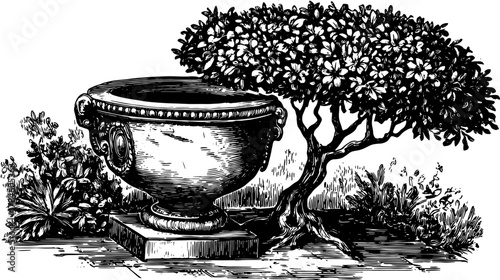 Vintage botanical illustration of a planter urn with a decorative tree and foliage in black and white vector style.