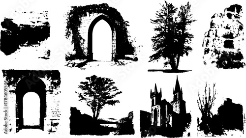 Vintage engravings and drawings set in black and white displaying trees and architecture as a vector illustration with grunge texture.