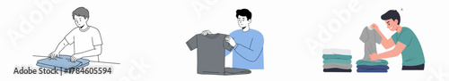 Sequence of men folding clothes, illustrating different approaches to the laundry chore: neat, concentrated, and frustrated folding.