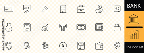 bank line icon set . Finance and money linear icon collection. Containing payment, deposit, wallet , online banking, loan, ATM, investment, exchange. Editable stroke