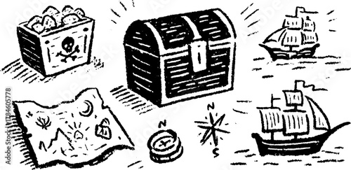 Illustration of a treasure chest, compass, and map in a vintage style. Nautical vector design depicting ships and navigational elements in a set.