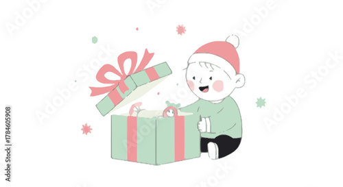 Illustrated child wearing a festive hat, filled with wonder and surprise as they open a glowing holiday gift box on a white background