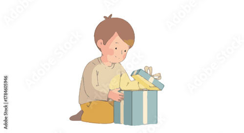 A curious little boy joyfully unwrapping a special present in a blue gift box, discovering a surprise inside