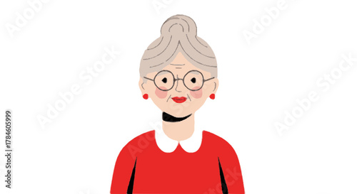 Charming senior woman character with grey hair in a bun and round glasses. Flat vector illustration of an old lady, perfect for avatars or icons