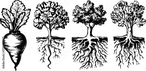 Carrot and tree roots vector illustration in black and white. Botanical sketches showcase foliage and structure in a clear, simple set style.