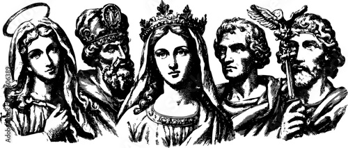Historic figures in black and white engraving art. Detailed vector illustration featuring saints and nobility in a classic set.