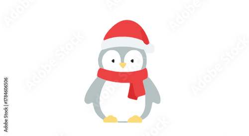 Cute cartoon penguin in a red Santa hat and scarf, festive winter animal character for Christmas holiday design