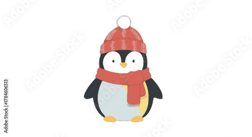 Cute cartoon penguin character in a red winter hat and scarf. Adorable flat vector illustration of a winter animal isolated on a white background