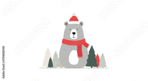 Cute cartoon bear in a red Santa hat and scarf celebrating the winter holidays among minimalist Christmas trees. Festive seasonal vector illustration