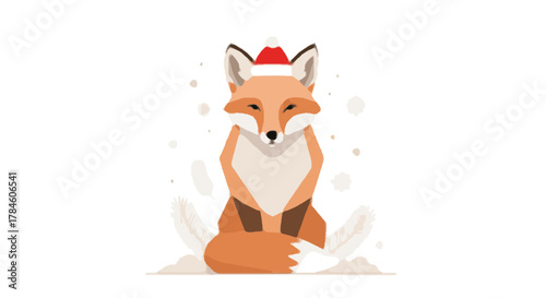 A charming illustration of a red fox wearing a Santa Claus hat, sitting peacefully in the snow during the winter holiday season