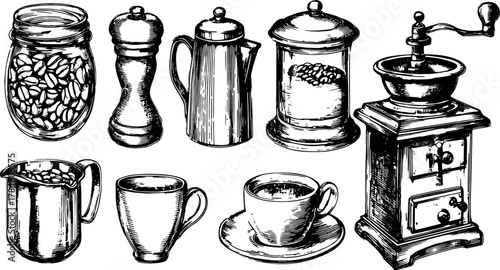 Coffee and beans in a hand-drawn style. Vintage kitchenware set illustrated in detailed vector format, including a grinder, pot, and mugs.