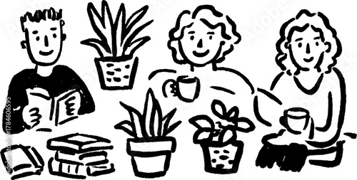 People reading and enjoying coffee in a cozy indoor environment. Simple vector illustration featuring plants and books in a set.