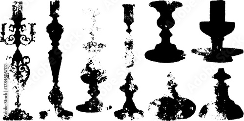 Vintage candlestick engraving. Outline drawing vector illustration set in black and white with classic decorative style.