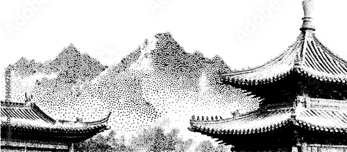 Temple architecture in black and white. Detailed landscape vector illustration with traditional elements, showcasing cultural design in a set.