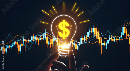 Hand holding light bulb with dollar sign and stock market graph for business idea concept