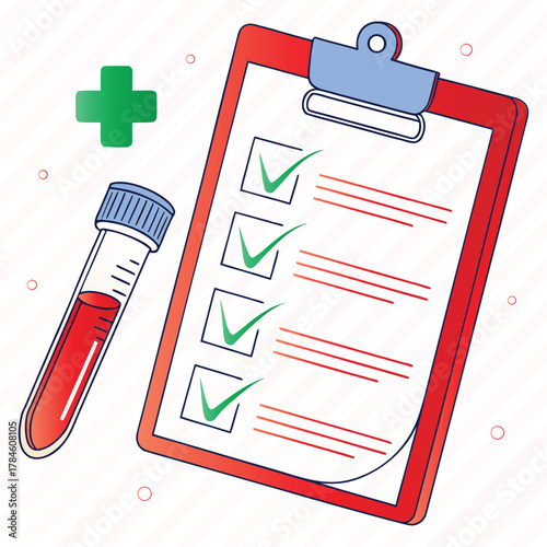 Medical test tube and checklist on clipboard health blood