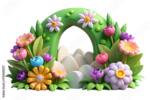 Cute 3D spring flowers arch with pastel petals green leaves and stones for use in print media craft or festive designs