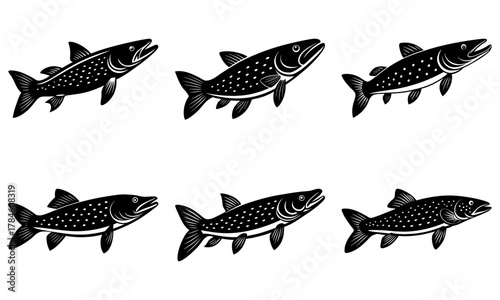Dynamic collection of stylized pike fish silhouettes, perfect for fishing themes, sporting goods, and nature designs.