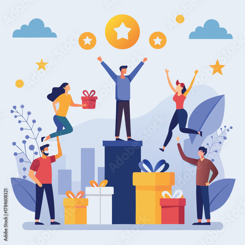Joyful Team Celebrating Gift Success on Podium Vector