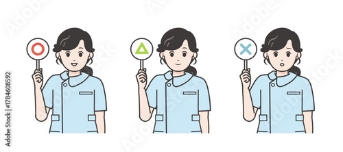 正解・注意・間違いを示す女性看護師のイラスト