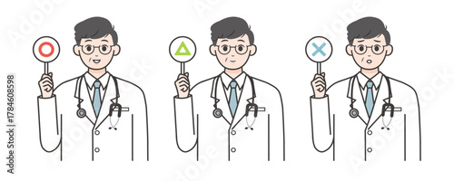 正解・注意・間違いを示す男性医師のイラスト