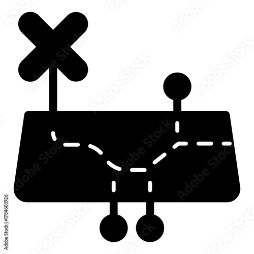 Map with route trail and cross pointer solid icon, osint analytics concept. Vector graphics. Path with map metrics sign on white background, style icon mobile or web design.