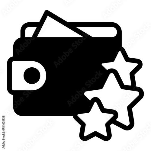 Wallet with stars solid icon, osint analytics concept. Vector graphics. Purse for buying selected goods, buy sign on white background, style icon mobile or web design.