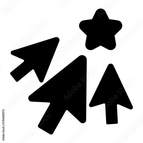 Three mouse pointers and star shape solid icon, osint analytics concept. Vector graphics. Attention mark, favorite sign on white background, style icon mobile or web design.