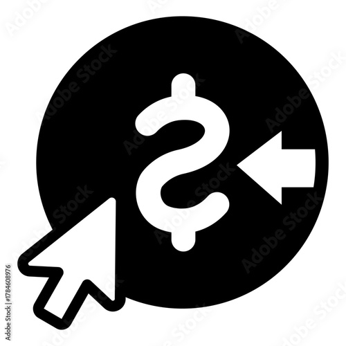 Coin with currency and mouse pointer solid icon, osint analytics concept. Vector graphics. Choosing currency, money sign on white background, style icon mobile or web design.