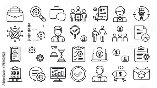 collection of business icons representing various professionals and activities in a corporate environment..eps