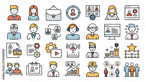 A collection of business icons representing various services and functions, designed for professional use..eps