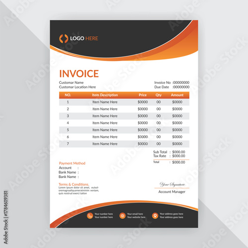 Professional corporate business invoice design with abstract geometric shapes, Print accounting or finance documents ready for payments and budgeting. Modern and creative office invoice template