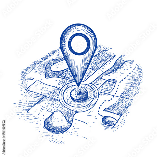 Hand drawn sketch of location map with large map pin marker on intersection navigation concept with blue pen line stroke doodle style vector illustration