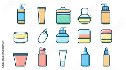 Collection of various cosmetic containers and skin care product bottles including pumps, tubes, jars, and droppers in flat minimalist style vector illustration