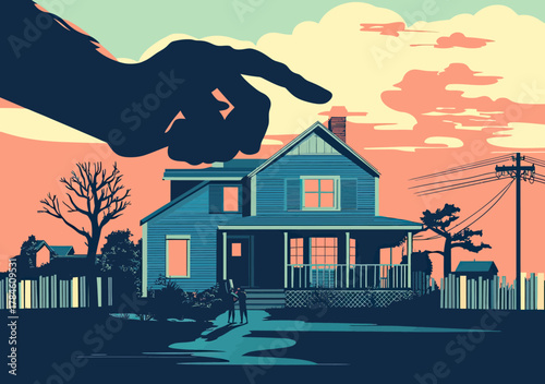 Giant hand pointing at suburban house symbolic of eviction eviction threat mortgage foreclosure financial distress family silhouette outdoor evening sky