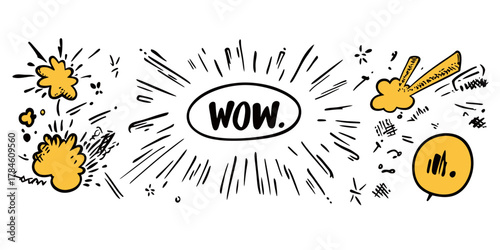 Hand drawn comic style wow text explosion with dynamic burst lines and yellow clouds in flat minimalist vector illustration