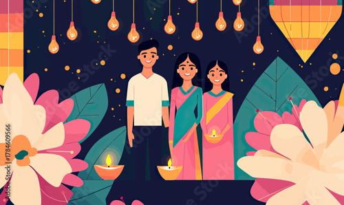 Indian family celebrating Diwali Festival of Lights with traditional candles lanterns flowers night sky vector illustration for greeting card background