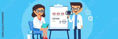 Ophthalmologist doctor conducting eye examination using vision test chart and lens device in medical clinic setting flat vector illustration