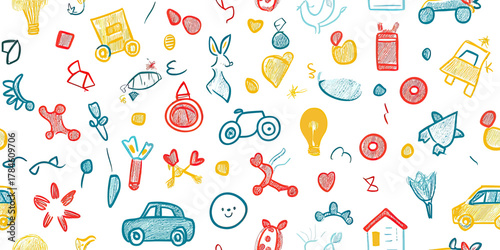 Seamless hand drawn kindergarten doodle pattern with cars, flowers, balloons, animals, light bulbs and playful kids elements in colorful minimalist style background