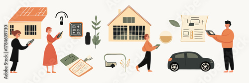 People managing sustainable home energy and electric car expenses using digital devices in flat minimalist vector illustration style