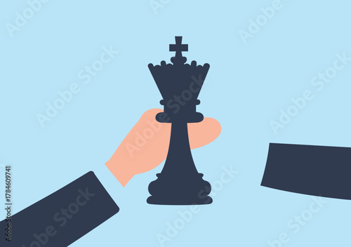Hand holding black chess king piece representing strategic decision making leadership planning and business competition concept in flat minimal style vector illustration