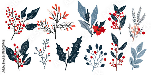 Christmas holly leaves red berries winter foliage festive botanical elements seamless set vector illustration flat minimalist style holiday decoration