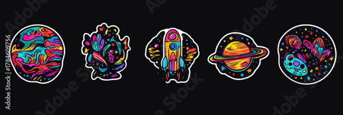 Retro psychedelic space stickers set with colorful rocket, astronaut, planet with rings, cosmic butterfly, surreal vibrant stars and galaxy elements on black background vector