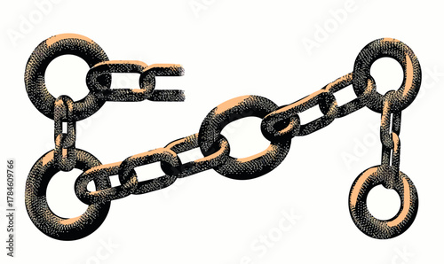 Vintage style vector illustration of interconnected metal chain links with halftone grain texture and stippling shading, retro minimalist design concept