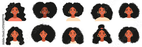 Set of African American young women portraits with diverse natural afro hairstyles curls waves flat minimalist vector illustration on white background