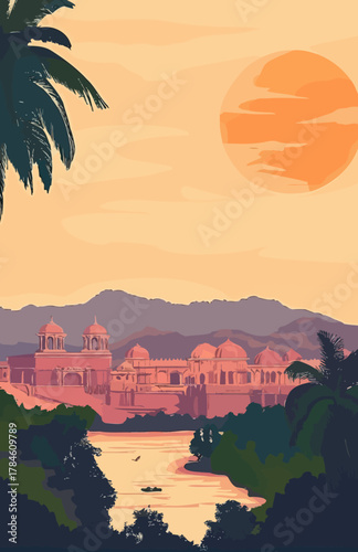 Sunset view of historic Indian palace with domes and arches by river, surrounded by palm trees and hills under orange sky