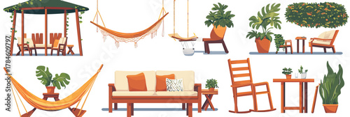 Outdoor garden furniture set with wooden sofa, hammock, swing, rocking chair, potted plants, gazebo, patio lounge and table in minimalist flat style vector illustration